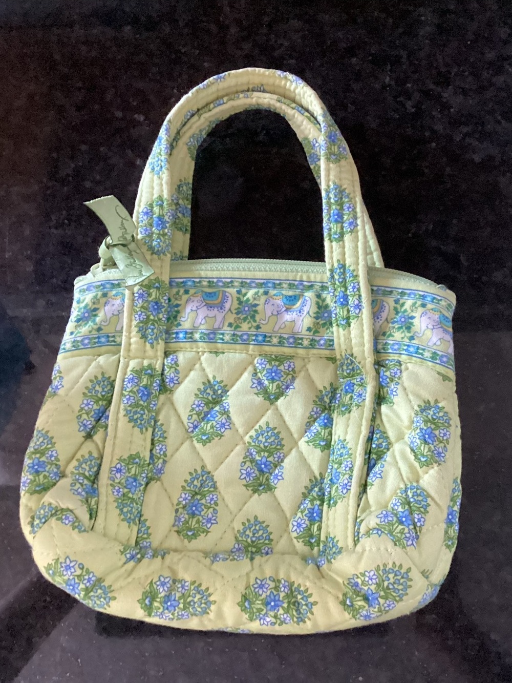 Vera Bradley Light Green Quilted Mini Bag with Blue Floral Trim